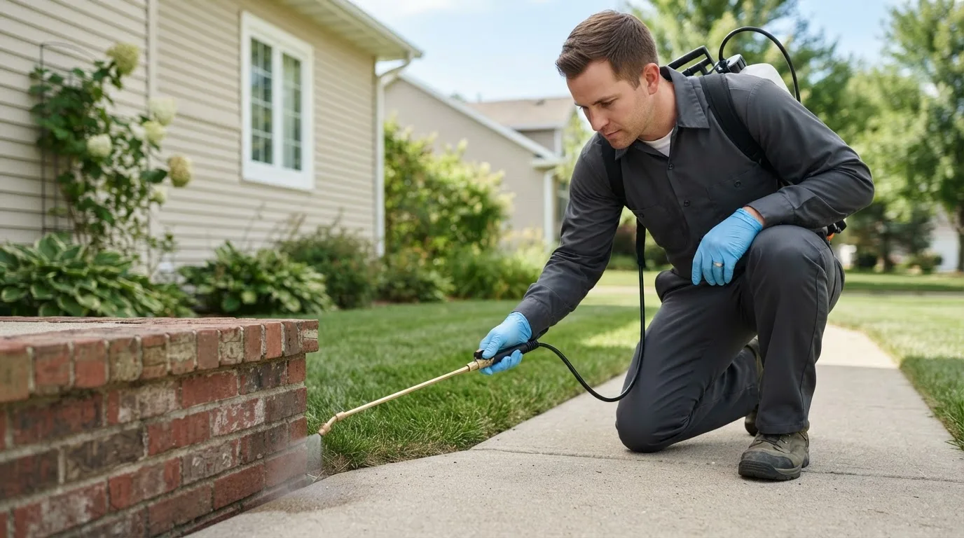 Pest control technician treating a home near Trenton, NE