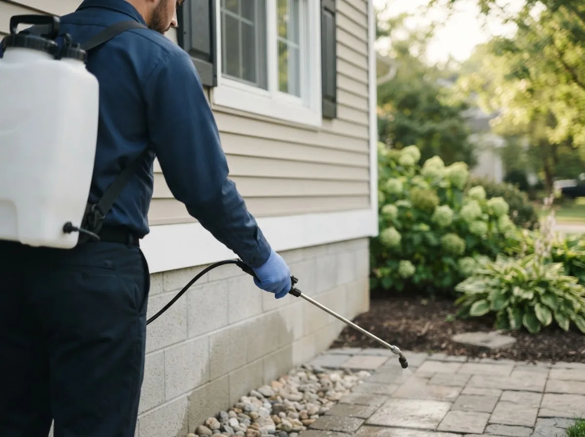 Pest control technician inspecting a home in Trenton, NE